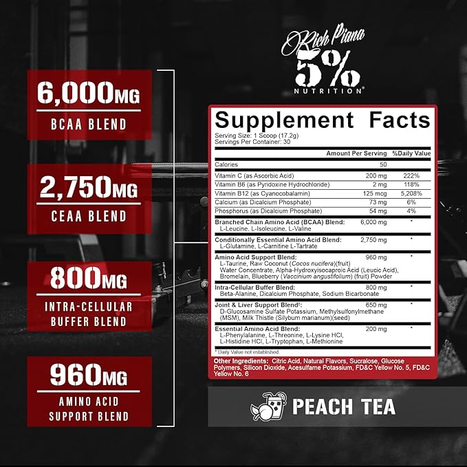 5% Nutrition Rich Piana AllDayYouMay BCAA Powder Premium Intra &amp Post Workout Amino Acids Hydration Endurance Muscle Recovery Joint &amp Liver | 18.2 oz 30 Srvgs (Peach Tea)