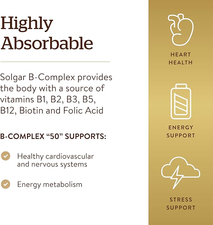 Solgar B-Complex “50” 250 Vegetable Capsules - Energy Metabolism Cardiovascular Support Nervous System Support - Non-GMO Vegan Gluten Free Dairy Free Kosher - 250 Servings