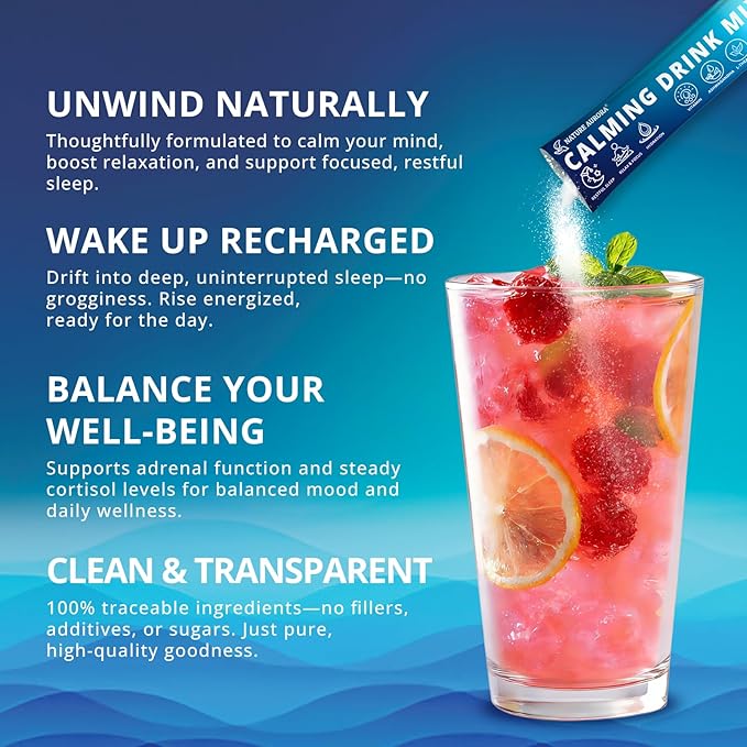 Cortisol Calm Drink Mix for Women &amp Men Calm Magnesium Glycinate Powder with Electrolytes Ashwagandha L-Theanine &amp Mushroom | Hydration Relaxation &amp Mood | Sugar Free 30 Ct (Raspberry