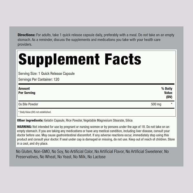 Piping Rock Ox Bile Supplement 500mg | 120 Capsules | Digestive Enzyme | Non-GMO Gluten Free