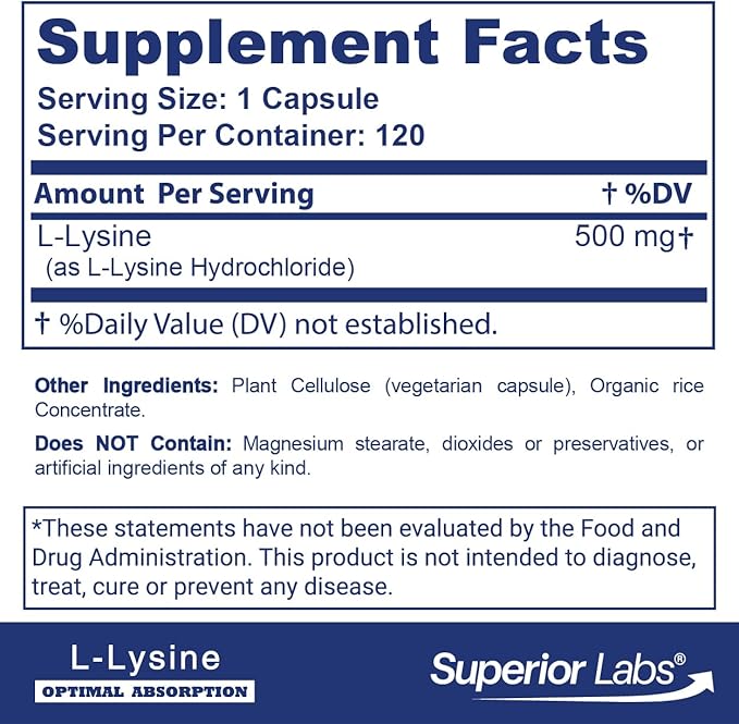 Superior Labs L-Lysine 500 mg Capsules Pure Non-GMO Third-Party Tested No Fillers Gluten Free Supports Immune System Promotes Calcium Absorption 120 Caps