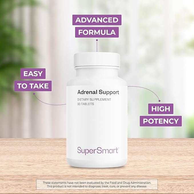 Supersmart - Adrenal Support (Advanced Formula) - with Rhodiola Rosea Holy Basil Tulsi Magnesium - Adaptogenic Herbs Supplement | Non-GMO &amp Gluten Free - 90 Tablets