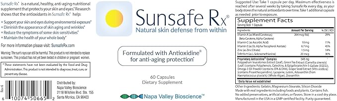 Sunsafe Rx Anti Aging Supplement: Natural Skin Protection Pills with Antioxidants for a Youthful Appearance &amp Eye Health + Vitamins Minerals &amp 250mg Polypodium Leucotomos (60 Capsules)