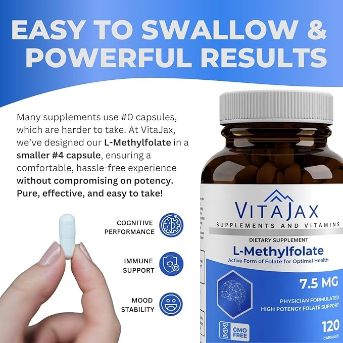 L Methylfolate 7.5 mg | 120 Caps | Value Pack | Max Potency | Active Folate | Gluten Free | Methyl Folate 5-MTHF | No Filler Doctor Designed and Formulated