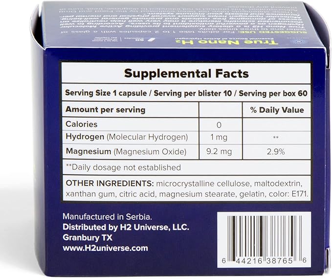 True Nano H2 Plus by H2 Universe| Molecular Hydrogen with Active Hydrogen Nanobubbles | Boosts Energy Powerful Antioxidant | 60 Capsules