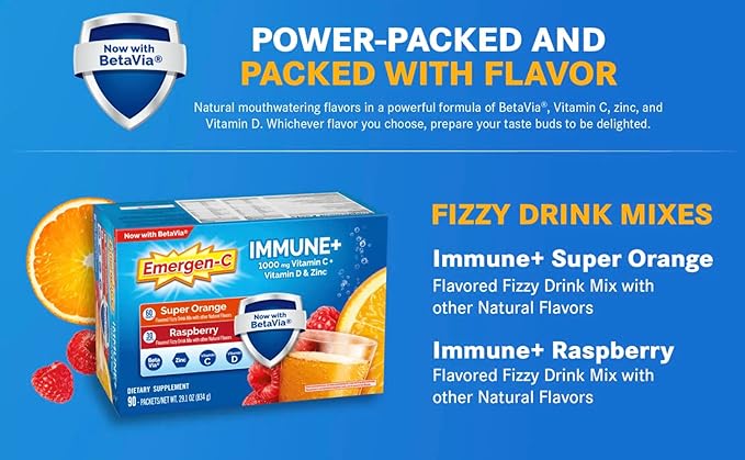 Emergen-C Immune+ 1000 mg Vitamin C + Vitamin D &amp Zinc (Super Orange 60 Ct/Raspberry 30Ct) 90 Packets