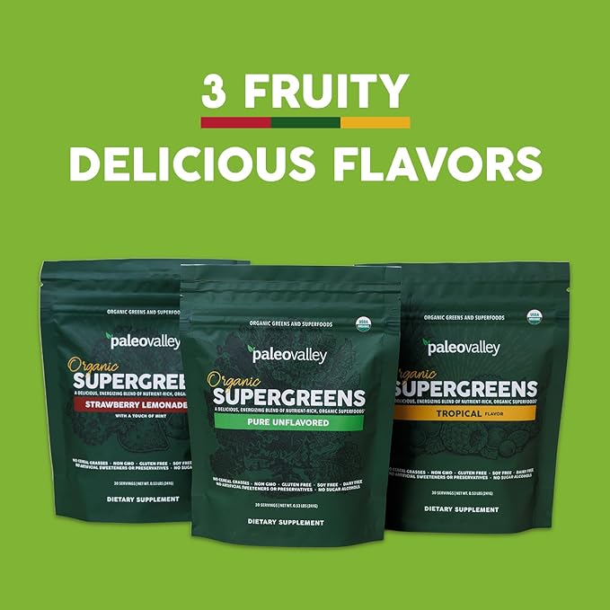 Paleovalley Organic Supergreens - Organic Greens Powder Superfood for Immune Support - Paleo Green Powder Blend - 30 Servings - 23 Superfoods - Gluten Free No Cereal Grasses Soy or Grain