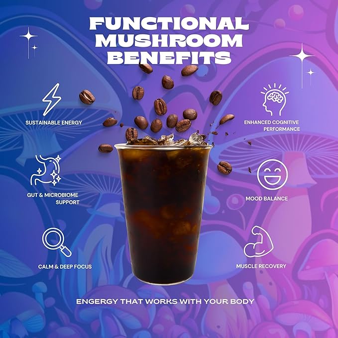 Genius Bean House Blend Mushroom Coffee Medium Roast Ground Coffee with Lion's Mane Chaga Reishi Cordyceps L-Theanine Organic Fair-Trade Beans 8 oz