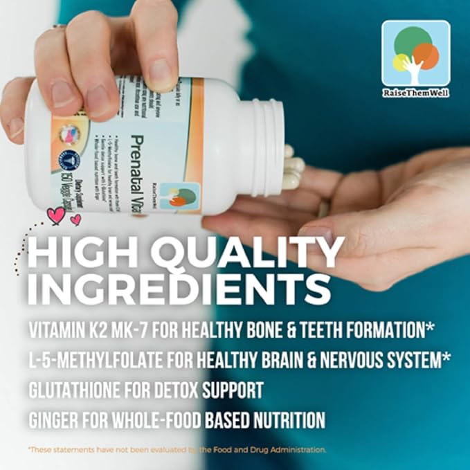 Raise Them Well Prenatal Multivitamin with Methylfolate K2 MK-7 Glutathione &amp Iron Physician Developed Non-GMO Supports Healthy Pregnancy Brain &amp Bone Development 150 Veggie Capsules