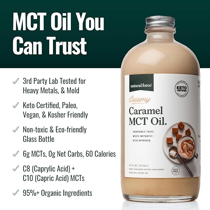 Natural Force Creamy Caramel MCT Oil – Non Dairy Keto Certified Emulsified MCTs for Low-Carb Ketogenic Coffee Smoothies &amp Shakes - Mixes Instantly + No Blending Required – 16 Oz Glass Bottle