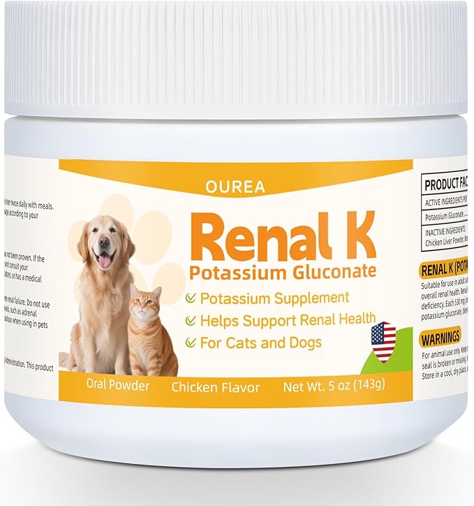 Renal K Potassium Gluconate for Dogs &amp Cats – 2.2 mEq per Scoop – Supports Kidney Function Restores Potassium Levels – Boosts Energy – Muscle Strength – Vet-Recommended