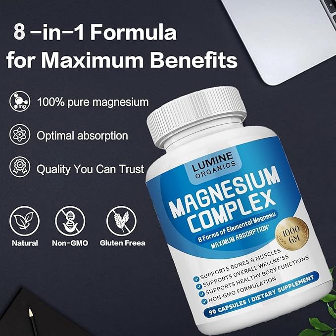 Lumine Organics Magnesium Complex Supplement 1000mg- Advanced 8-in-1 Magnesium Blend - Glycinate Citrate Malate Taurate etc.– High Absorption Formula – Non-GMO– 90 Capsules