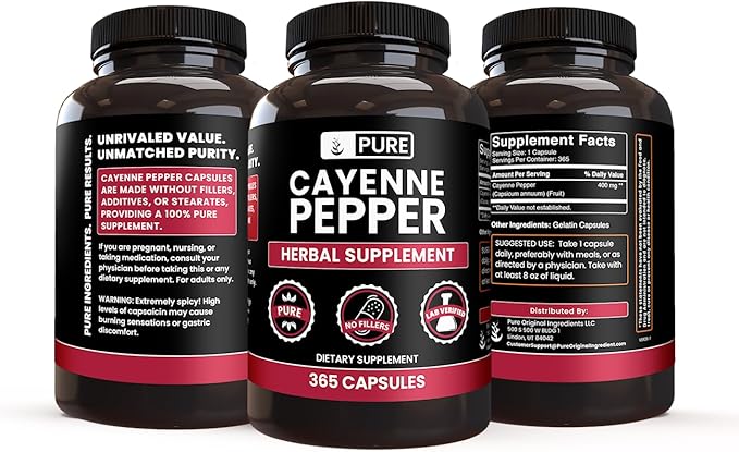 PURE ORIGINAL INGREDIENTS Cayenne Pepper (365 Capsules) No Magnesium Or Rice Fillers Pure Lab Verified