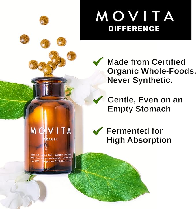 Movita Beauty – Promotes Healthy Hair Skin &amp Nails with Biotin &amp Choline –Fermented Whole Foods Organic Vegan Gluten-Free Non-GMO – 30-Day Supply (Eco-Friendly Pouch)