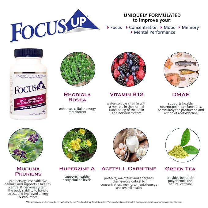 FocusUP Brain &amp Energy Support Supplement – Natural Nootropic Capsules with Acetyl L-Carnitine Rhodiola DMAE &amp Huperzine-A | Supports Focus Memory Mood &amp Mental Clarity | 45 Sugar-Free