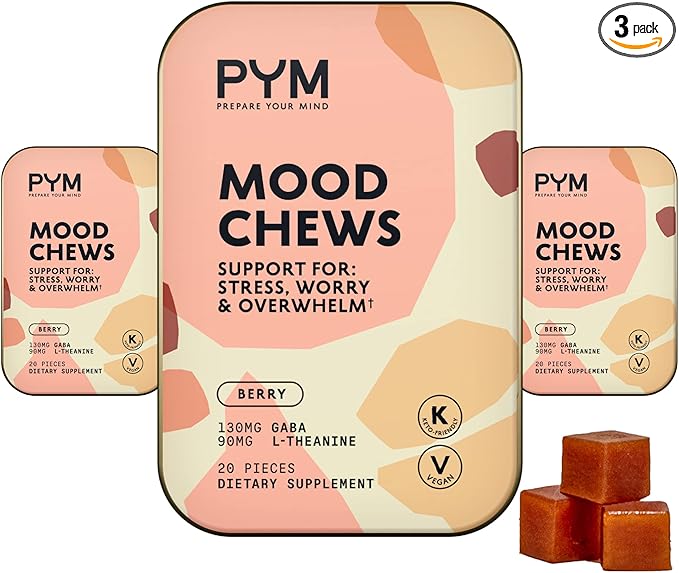 PYM Berry Mood Chews Support for Stress Worry &amp Overwhelm 60 Count | 130mg GABA 90mg L-Theanine | Vegan Non-GMO Gluten-Free No Added Sugar | All-Natural Mood Balance Supplement Made in USA