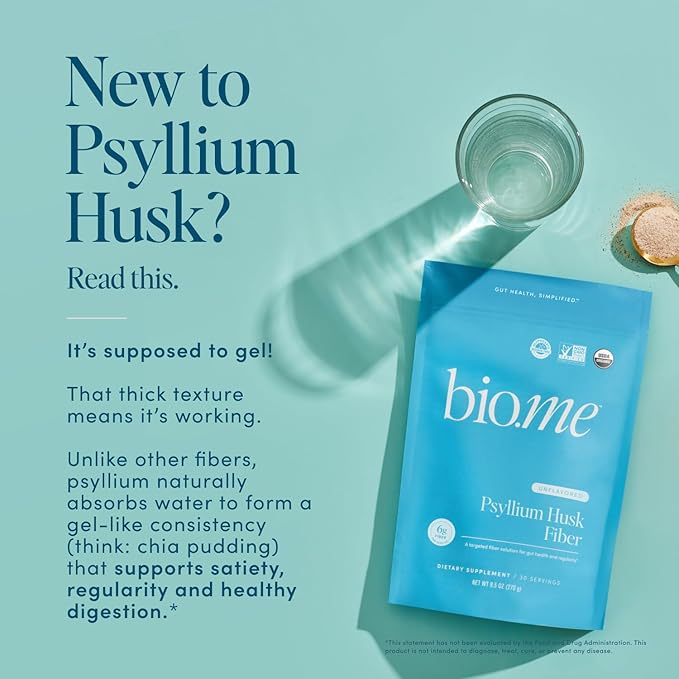 Bio.me Psyllium Husk Fiber Unflavored (6g Per Serving) - Gluten-Free Fiber Supplement for Women &amp Men - Psyllium Husk Powder for Healthy Digestion Bowel Regularity &amp Bloating Relief - 45 Serv