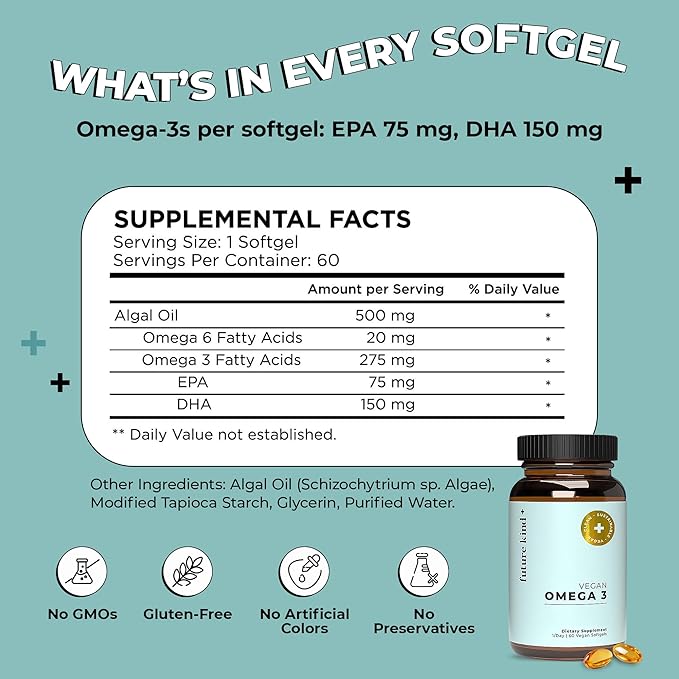 Future Kind Omega-3 Supplement for Clarity Memory and Mobility Comfort 2 Months Supply of Citrus-Scented Softgels with EPA and DHA Vegan Omega-3 Supplement from Algae Carrageenan Free 60 Count