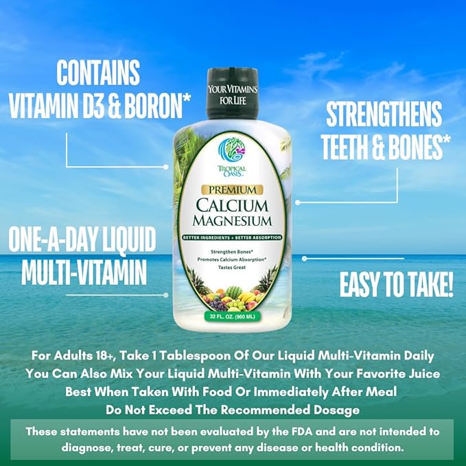 Premium Liquid Calcium Magnesium Citrate - Natural formula w/ support for strong bones - Liquid Vitamin Supplement w/ Calcium Magnesium Boron &amp Vitamin D3 – Up to 98% Absorption Rate- 32oz 64 S