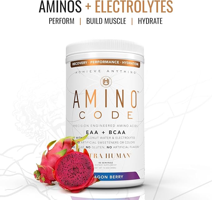 Ultra Human Amino Code | Essential Amino Acids + BCAAs + Coconut Water Electrolytes | Fast Hydration Workout Recovery Flavored Amino Energy Powder Drink | Clean Formula 40 Servings - Dragonberry