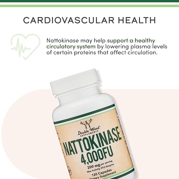 Nattokinase Supplement 4000 FU Servings 120 Capsules (Derived from Japanese Natto) Systemic Enzymes for Cardiovascular and Circulatory Support by Double Wood (Pack of 2)