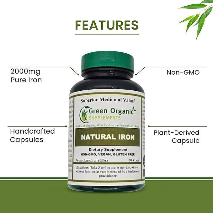 (Pack of 1) Green Organic Supplements' Iron 2000mg 90 Hand Made Vegan Non-GMO &amp Gluten Free Natural Iron Capsules