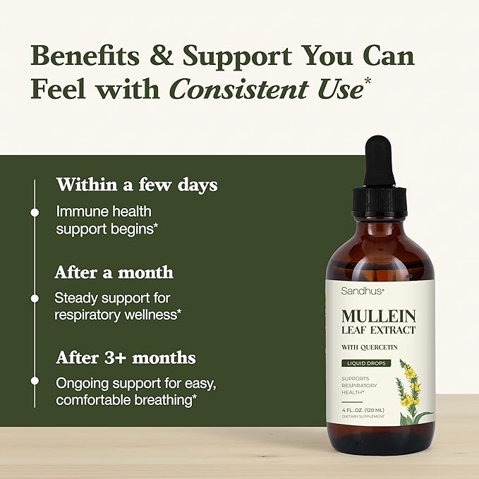 Sandhu's Mullein Drops for Lungs | Mullein Leaf Extract Supplement for Immune Lung &amp Respiratory Health Support | Alcohol Free Natural Herbal Tincture | 4 fl oz 2 Months Supply