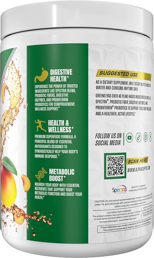 Alpha Supps - Alpha Greens Supplement | Fruit &amp Vegetable Superfood Powder | Over 40 Natural Plant Based Ingredients | Prebiotic &amp Probiotic Digestive Support Blend - 30 Servings (Peach Mango)
