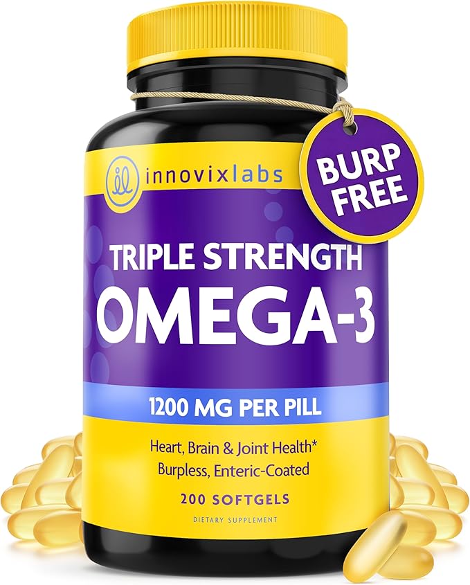 InnovixLabs Triple Strength Omega 3 Supplement Burpless Fish Oil for Women and Men - 900 mg EPA &amp DHA Brain &amp Joint Support Award Winning &amp Third-Party Tested 200 Softgels