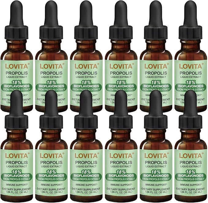 LOVITA 12 Bottles Value Pack Bee Propolis Liquid Extract 500mg 5:1 Resin Drops with 18% Bioflavonoids Alcohol-Free Antioxidant Immune Support &amp Throat Soothing