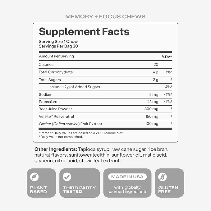 Humann Memory and Focus Chews Brain Supplement for Mental Alertness with Beet Root Powder Clinically Studied Nootropics Resveratrol Plus Beet Root Powder Blueberry Pomegranate Flavor 30 Count
