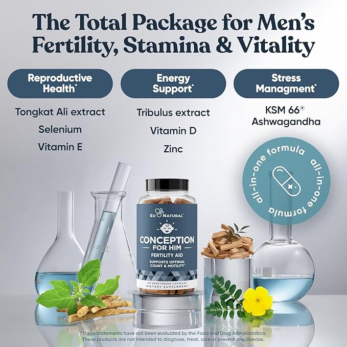 Eu Natural Conception for Him - Male Fertility Supplements with Ashwagandha Folate &amp Zinc - Sperm Count Motility &amp Strength Support - Fertility Support for Men 60 Vegetarian Capsules