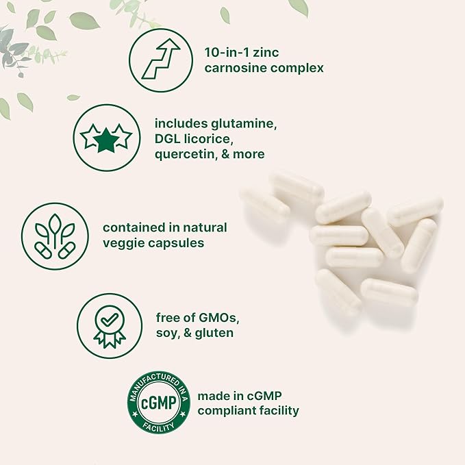 Zinc Carnosine 75mg 240 Veggie Capsules | 10-in-1 Zinc Supplements for Men &amp Women with Glutamine DGL Licorice Quercetin Slippery Elm Bark &amp Ginger Root | Non-GMO Gluten Free