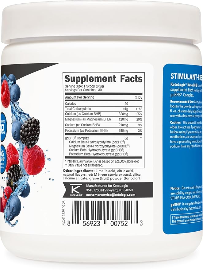 Ketologic Keto BHB (Mixed Berry Flavor) 30 Servings - Exogenous Ketone Supplement with goBHB Beta-Hydroxybutyrate Salts