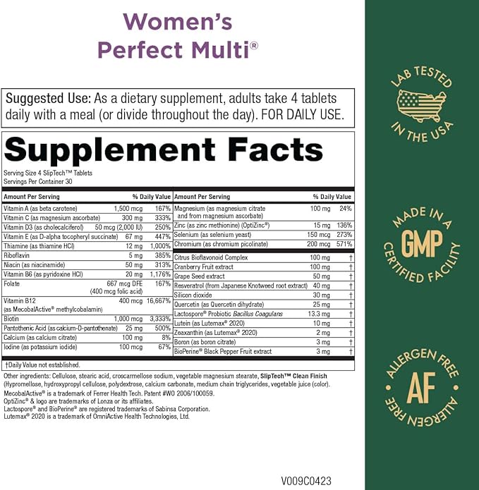 Purity Products Women’s Perfect Multi Balanced Multivitamin - Supports Urinary Tract Health Immune Bone + Muscle Hair Skin Nails an Elite Probiotic for Digestive Health + More - 120 Tablets