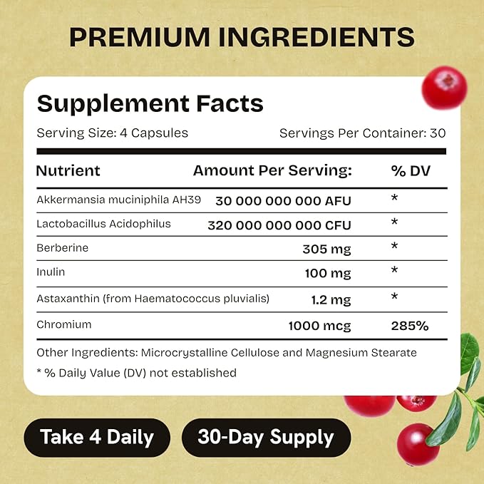 Akkermansia Muciniphila Probiotics 320 Billion CFU| Probiotic and Prebiotic | Akkermansia Probiotics for gut health | Inulin Prebiotic Fiber Capsules Astaxanthin &amp Berberine &amp Chromium 480 cap
