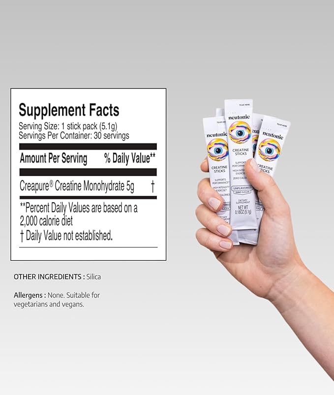 Neutonic Creatine Monohydrate | Unflavored | Premium Micronized Creapure Creatine Powder | Supports Strength and Power | Zero Calories Zero Sugar Vegan | Convenient Single-Serve Packets | 30 Sticks