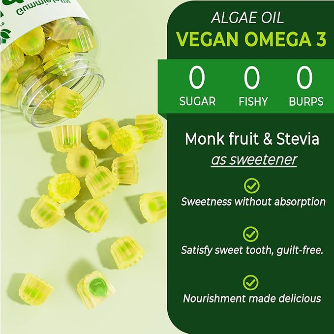Omega 3 Gummies 2200mg from Algae Oil (DHA 640mg &amp EPA 290mg) for Women &amp Men Vegan Omega 3 Fish Oil Alternative w/CoQ10 Astaxanthin Vitamin A E D3 for Brain Eye Antioxidant Sugar Fre
