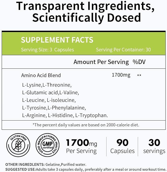 Amino Acid Supports Muscle Recovery and Lean Muscle Growth Enhances Energy and Endurance Contains Essential Amino Acids and BCAAs 90 Capsules (1 Bottle)