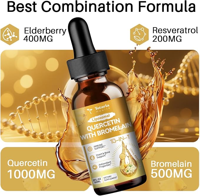 Totaria Liposomal Quercetin with Bromelain Liquid Drops - High Absorption Quercetin 1000mg &amp Bromelain 500mg Plus ElderberryVitamin CZinc for Immune &amp Antioxidant &amp Heart &amp Bone Supp