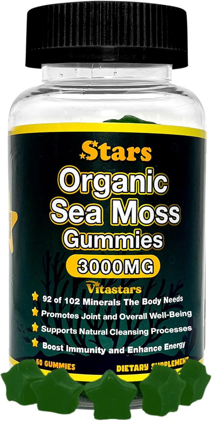 Organic Sea Moss Gummies with Apple Cider Vinegar Burdock Root &amp Bladderwrack - Seamoss Gut Health &amp Immune Support Supplement for Men &amp Women 3000 mg 60 Star-Shaped Gummies