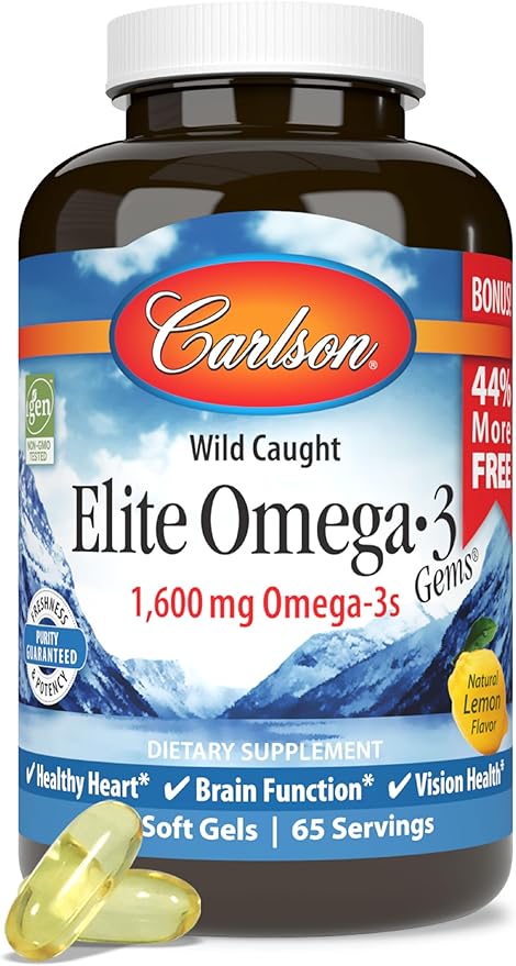 Carlson - Elite Omega-3 Gems 1600 mg Omega-3 Fatty Acids Including EPA and DHA Norwegian Wild-Caught Fish Oil Supplement Sustainably Sourced Omega 3 Fish Oil Capsules Lemon 130 Softgels