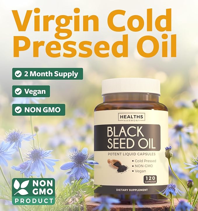 Black Seed Oil - 120 Softgel Capsules Skin Health (Non-GMO &amp Vegan) Cold-Pressed Nigella Sativa Producing Pure Black Cumin Seed Oil with Vitamin E - 500mg Each 1000mg Per 2 Capsule Serving