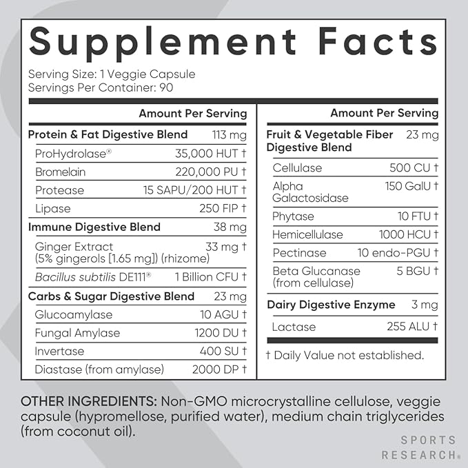 Sports Research Digestive Enzymes with Probiotics &amp Ginger - Plant Based for Dairy Protein Sugar &amp Carbs - Non-GMO Verified &amp Vegan Friendly (90 Veggie Capsules)
