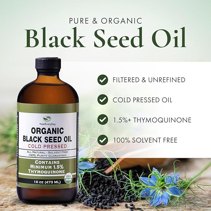 Organic Black Seed Oil - USDA Certified Cold Pressed Glass Bottle Over 1.5% Thymoquinone 3X strength Turkish Black Cumin Nigella Sativa non-GMO 100% Pure Blackseed Oil (32oz Glass (2X16) Bottle)