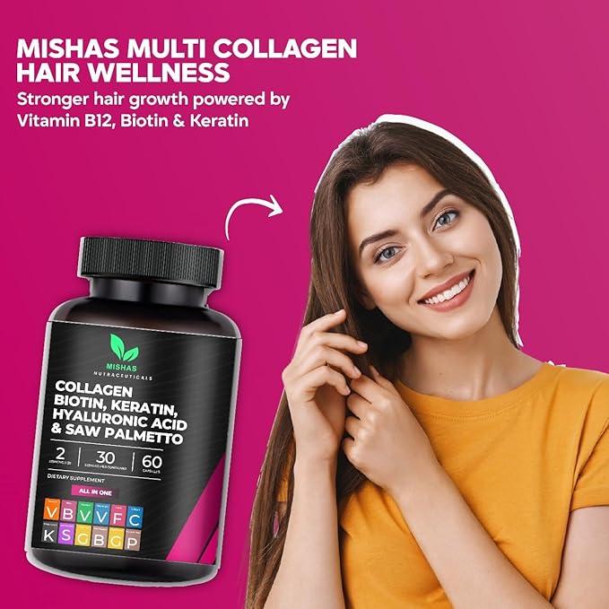 Multi Collagen Hair Pills - Biotin 10000mcg Keratin &amp Hyaluronic Acid - Hair Growth - Hair Skin &amp Nails Vitamins &amp DHT Blocker - Vitamin E Folic Acid Pumpkin Seed MSM Saw Palmetto 60 Ve