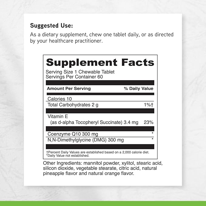 DAVINCI Labs CoQ10 - DMG 300/300 - Supports Heart Health and Energy Function - Dietary Supplement with Coenzyme Q10 &amp Vitamin E - Vegetarian - Gluten-Free - 60 Orange Flavored Chewable Tablets