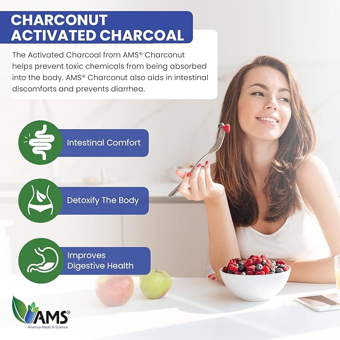 America Medic &amp Science Charconut 260mg (200 Capsules) | Activated Charcoal Supplement for Men &amp Women | Made with Coconut Husk | Promotes Better Stomach and Digestive Health | Gas &amp Bloat