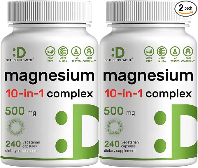 Magnesium Complex 500mg 480 Veggie Capsules – Pack of 2 | 10-in-1 Glycinate Citrate Malate Oxide &amp More – 100% Chelated for Easy Absorption – Essential Mineral Supplement – Non-GMO