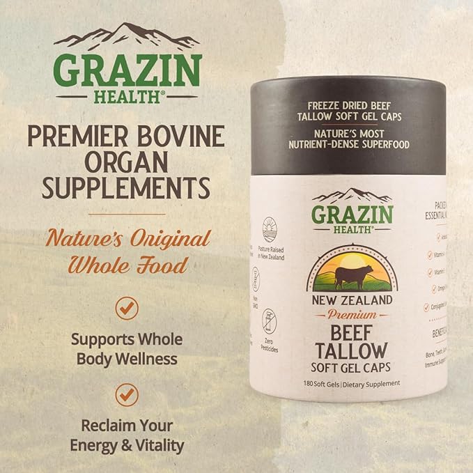 Grass-Fed Beef Tallow Capsules – 3000 mg Per Serving | Pasture-Raised Grass-Finished (New Zealand) | Non-GMO No Fillers or Flow Agents | cGMP Manufactured | 30-Day Supply